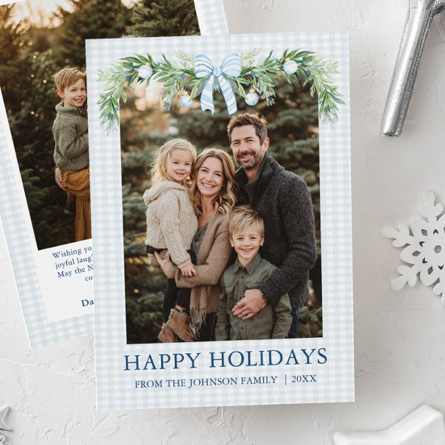 Whimsical Grandmillenial Blå Bow Familjefoto Julkort (Whimsical Grandmillenial Blue Bow Family Photo Holiday Card)