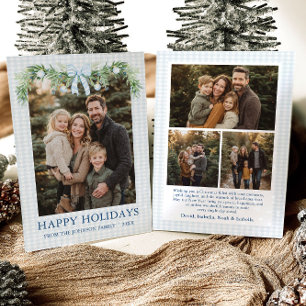 Whimsical Grandmillenial Blå Bow Familjefoto Julkort