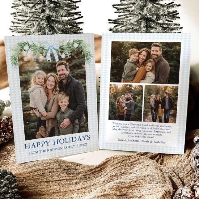 Whimsical Grandmillenial Blå Bow Familjefoto Julkort (Whimsical Grandmillenial Blue Bow Family Photo Holiday Card)