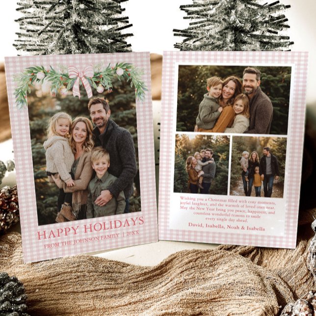 Whimsical Grandmillenial Blå Bow Familjefoto Julkort (Whimsical Grandmillenial Pink Bow Family Photo Holiday Card)