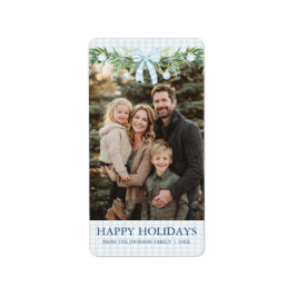 Whimsical Grandmillenial Blue Bow Family Photo Adressetikett