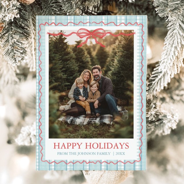 Whimsical Grandmillenial Blue Bow Family Photo Julkort (Whimsical Grandmillenial Blue Bow Family Photo Holiday Card)