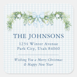 Whimsical Grandmillenial Gingham Blue Bow Garland Fyrkantigt Klistermärke