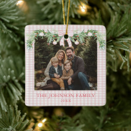 Whimsical Grandmillenial Pink Bow Family Photo Julgransprydnad Keramik