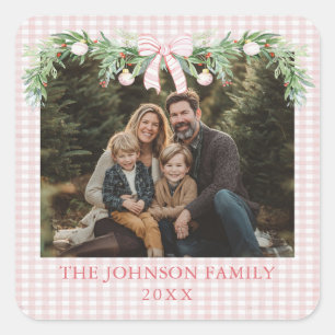 Whimsical Grandmillenial Rosa Båge Familjefoto Fyrkantigt Klistermärke