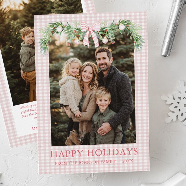 Whimsical Grandmillenial Rosa Bow Familjefoto Julkort (Whimsical Grandmillenial Pink Bow Family Photo Holiday Card)