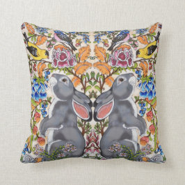 Whimsical Grått Bunny Rabbit Bird Blommigt Jacobea Kudde