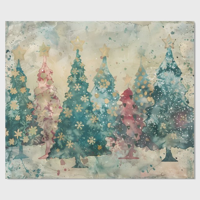 Whimsical Green and Red Trees with a touch of Gold Presentpapper (Platt)