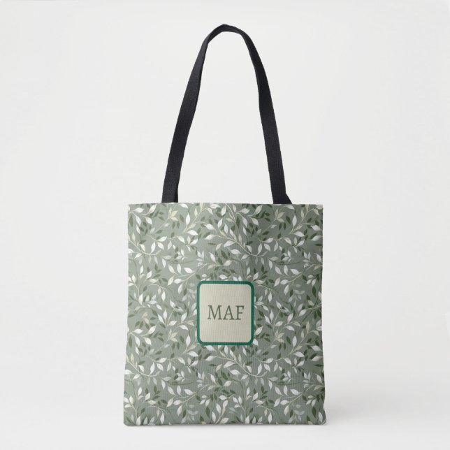 Whimsical Green Botanical Vines Monogram Tygkasse (Framsida)