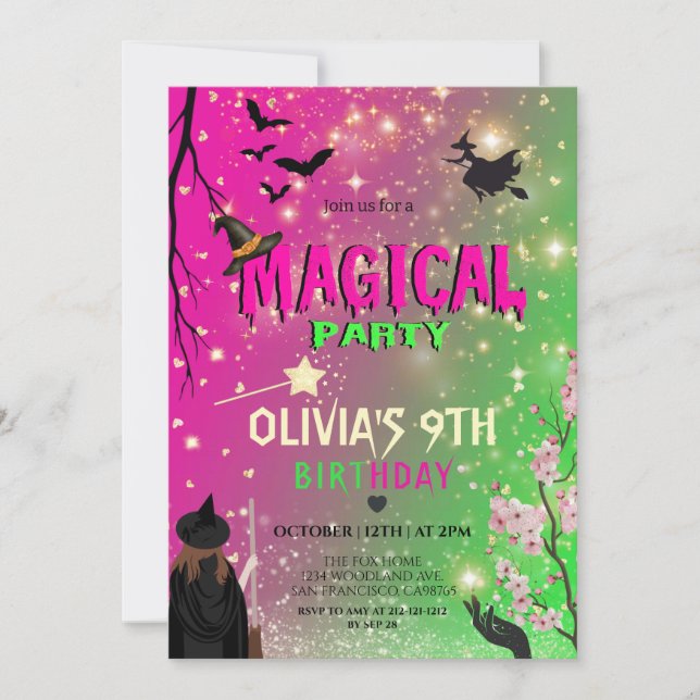 Whimsical Green & Pink Witch girl birthday Inbjudningar (Framsida)