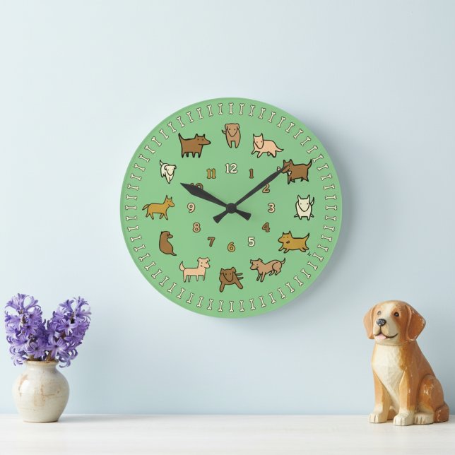 Whimsical Green Wall Clock for Dog Lovers Stor Klocka (Whimsical cartoon dogs wall clock.)