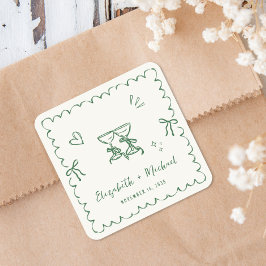 Whimsical Green Wavy Frame Cream Wedding Fyrkantigt Klistermärke