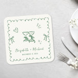Whimsical Green Wavy Frame Cream Wedding Underlägg Papper Kvadrat<br><div class="desc">Romantic light cream coasters for your engagement party,  rehearsal dinner,  wedding reception,  party favors,  etc.,  featuring a green wavy frame adorned with coquette bows,  whimsical hand drawn illustrations of a heart,  stars and wine glasses,  and the names of the bride and groom in a playful green script.</div>