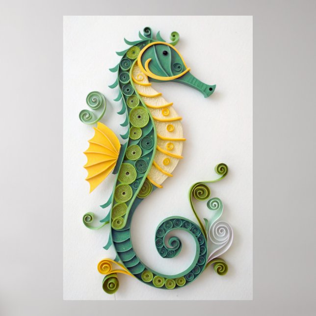 Whimsical Green & Yellow Quilled Seahorse Sculptur Poster (Framsidan)