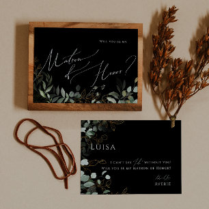 Whimsical Greenery Black Guld Matron of Honor Card Inbjudningar