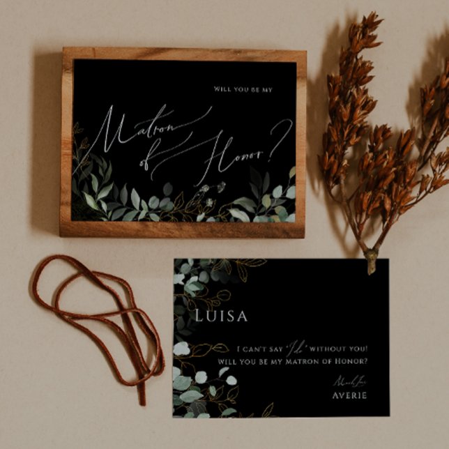 Whimsical Greenery Black Guld Matron of Honor Card Inbjudningar (Skapare uppladdad)