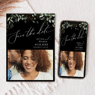 Whimsical Greenery Black Guld Photo Save Date Spara Datumet