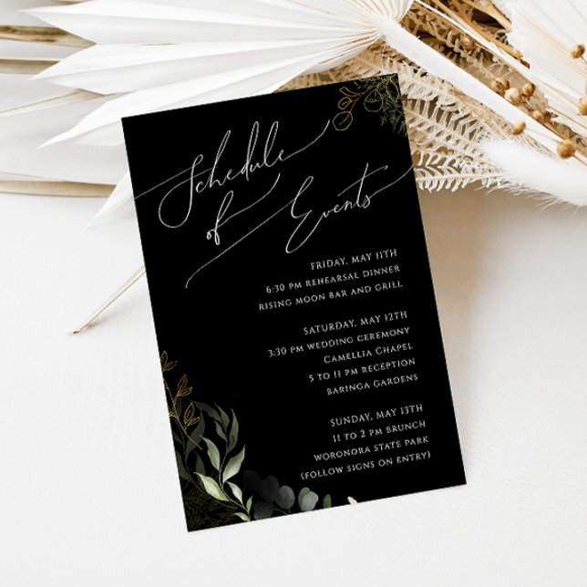 Whimsical Greenery Black & Guld Schedule of Events Tilläggskort (Skapare uppladdad)