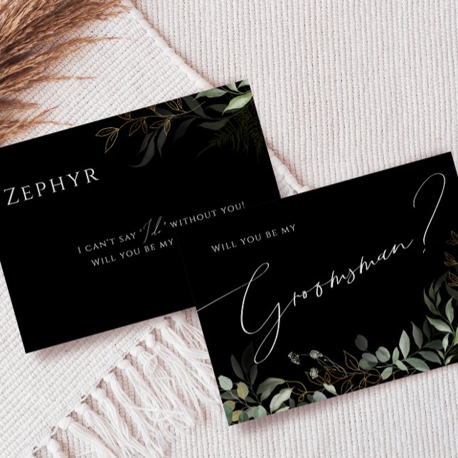 Whimsical Greenery Black och Guld | Groomsmankort Inbjudningar (Skapare uppladdad)