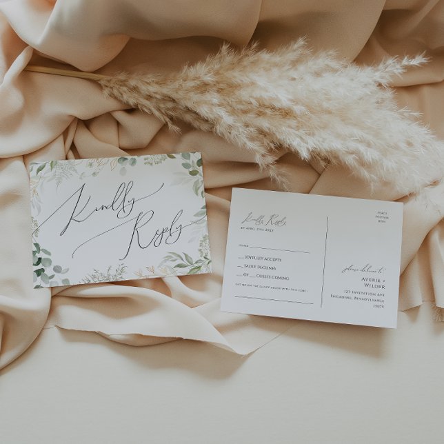 Whimsical Greenery och Guld Sångönskan RSVP Vykort (Skapare uppladdad)