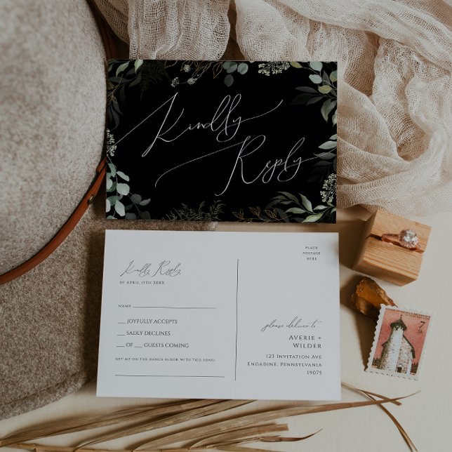Whimsical Greenery Svart Guld Sångönskan RSVP Vykort (Skapare uppladdad)