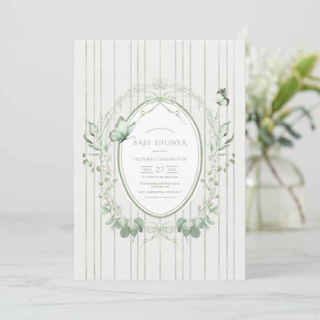 Whimsical Greenery Vintage Baby Shower Inbjudningar (Stående Fram)