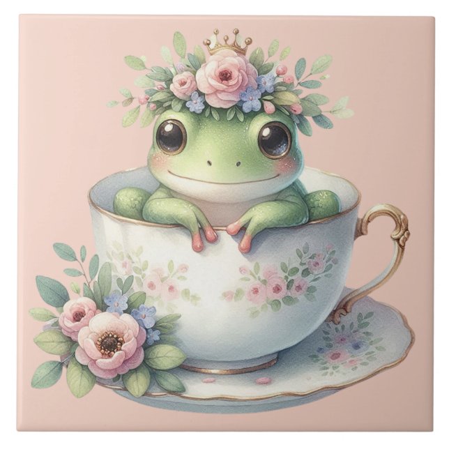 Whimsical Groda i Blommig Tekopp  Kakelplatta (Framsidan)