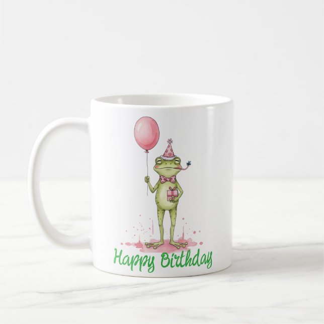Whimsical Groda med Ballong Födelsedagsfest Kaffemugg (Vänster)