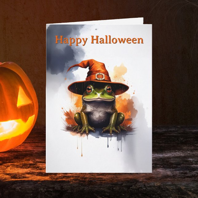 Whimsical Groda Orange Trollhatt Halloween Kort (Happy Halloween frog greeting card. Hairy toad spooky season greetings cards)