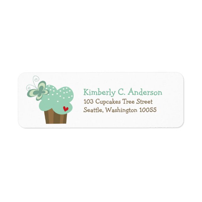 Whimsical Grön Cupcake Fjäril Flicka Födelsedag Returadress Etikett (Framsidan)