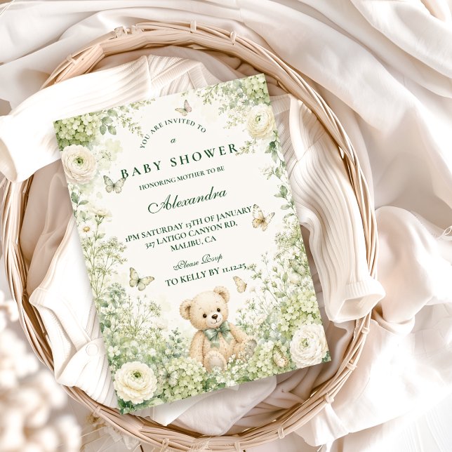 Whimsical Grön Teddybjörn Bebis Shower Inbjudningar (Skapare uppladdad)