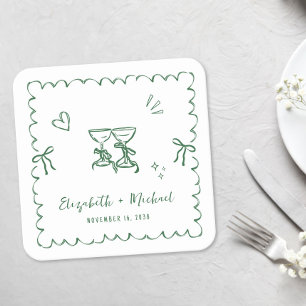 Whimsical Grön Vågig Ram Bröllop Underlägg Papper Kvadrat