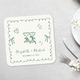 Whimsical Grön Vågig Ram Kräm Bröllop Underlägg Papper Kvadrat