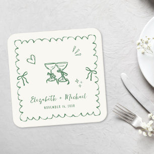 Whimsical Grön Vågig Ram Kräm Bröllop Underlägg Papper Kvadrat