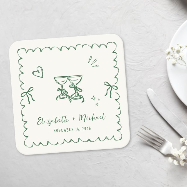 Whimsical Grön Vågig Ram Kräm Bröllop Underlägg Papper Kvadrat (Whimsical Green Wavy Frame Cream Wedding Square Paper Coaster)
