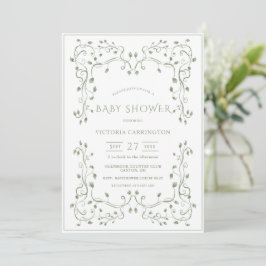 Whimsical grönskande ram vintage baby shower inbjudningar