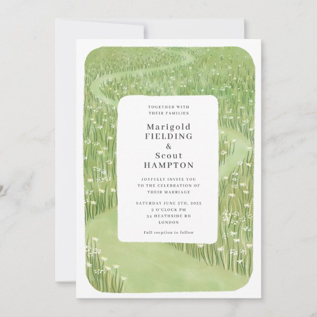 Whimsical Grönt Grass Wedding bjudande Inbjudningar (Framsida)