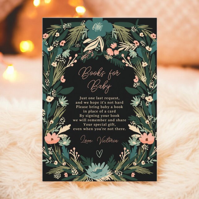 Whimsical Grönt Rosa Blommigt Bokar Baby Shower Tilläggskort (Whimsical Green Pink Floral Books Baby Shower Enclosure Card)