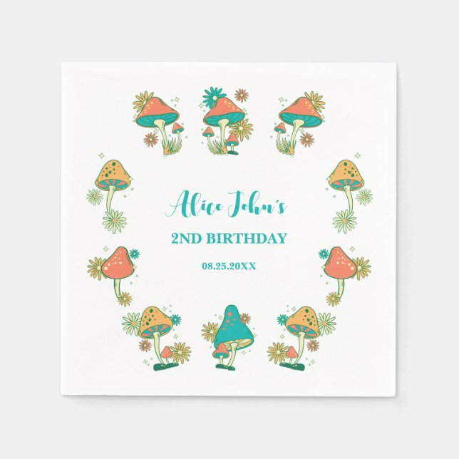 Whimsical Groovy Psychedelic Mushroom Birthday Pappersservett (Framsidan)