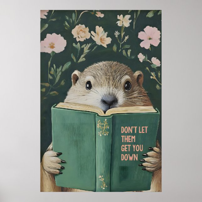 Whimsical Groundhog Läsande Bok Konsttryck Poster (Framsidan)