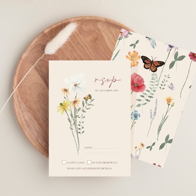 Whimsical Gul Tusenskönas Vildblomma Bröllop OSA Kort (Whimsical Daisy Yellow Wildflowers Wedding RSVP Card)