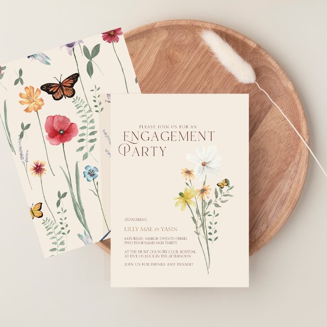 Whimsical Gul Tusenskönas Vildblomma Förlovningsfe Inbjudningar (Whimsical Daisy Yellow Wildflower Engagement Party Invitation)