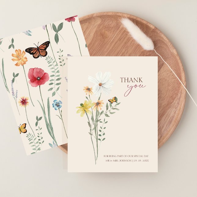 Whimsical Gul Vildblomma Bröllop Tack (Whimsical Yellow Wildflower Wedding Thank You Card)
