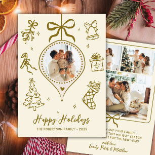 Whimsical Guld Handritad Foto Jul Glad Julkort