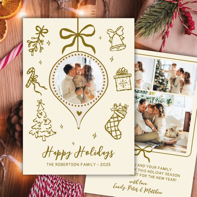 Whimsical Guld Handritad Foto Jul Glad Julkort (Skapare uppladdad)
