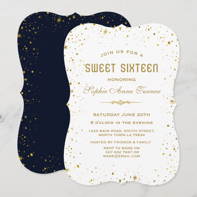 Whimsical Guld Starry Night Sweet 16 Inbjudningar (Fram/baksida)