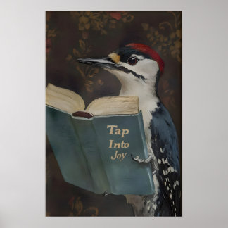 Whimsical Hackspett Bokorm Konsttryck Poster