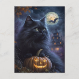 Whimsical Halloween Black Cat and Full Moon Helg Vykort