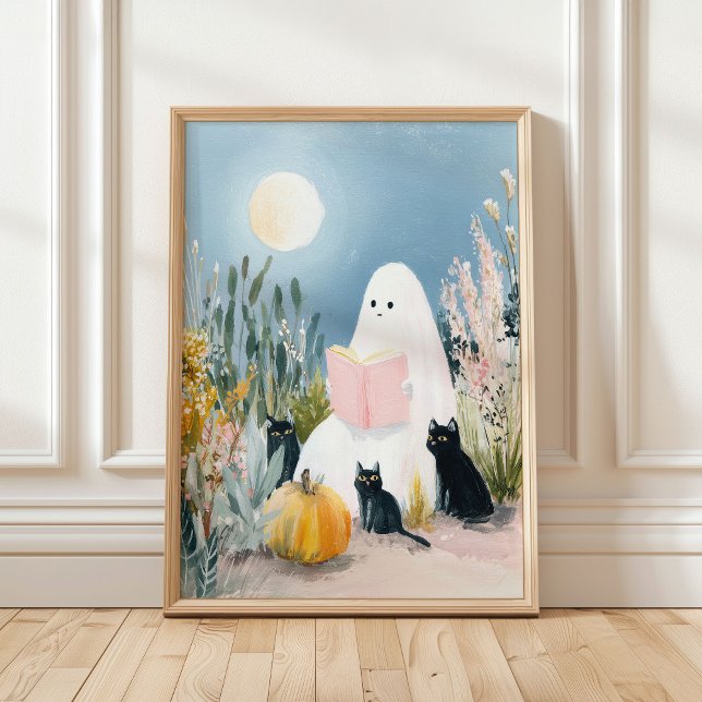 Whimsical Halloween Bok Älskare Ghost Svarta katte Poster (Skapare uppladdad)
