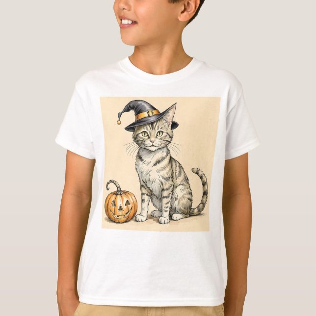 Whimsical Halloween Cat, Halloween Witchy Cat,     T Shirt (Framsida)